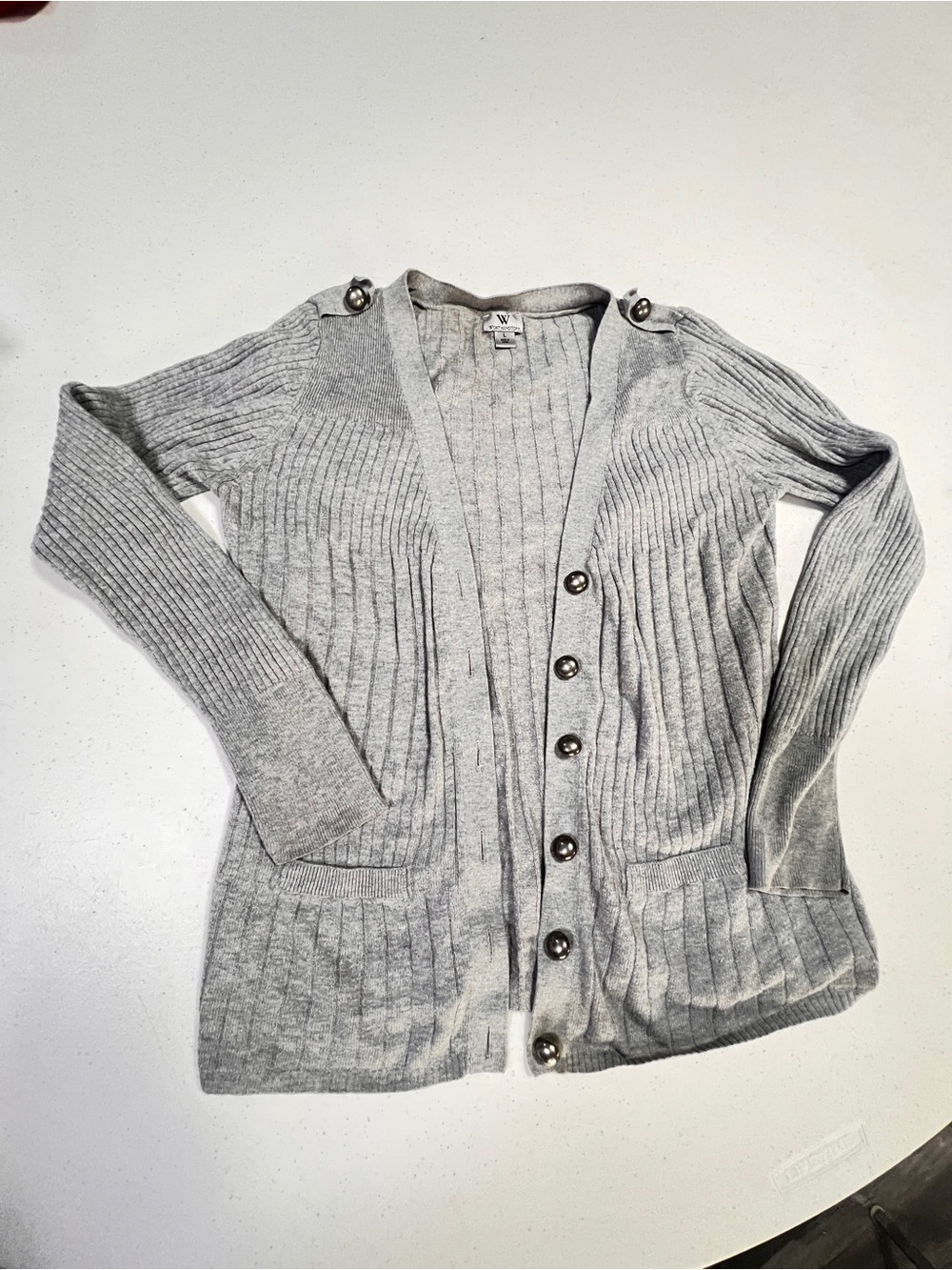 Worthington Light Gray Ribbed Button-Front Cardigan - Picture 8 of 9